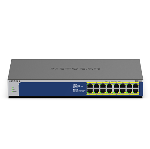 Netgear GS516PP Unmanaged Gigabit Ethernet (10/100/1000) Power over Ethernet (PoE) Blauw, Grijs