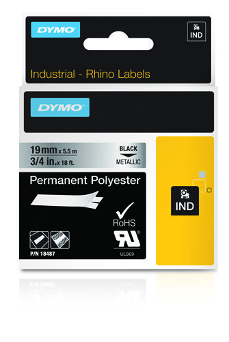 DYMO 19mm RHINO Permanent Polyester Black on grey D1 label-making tape